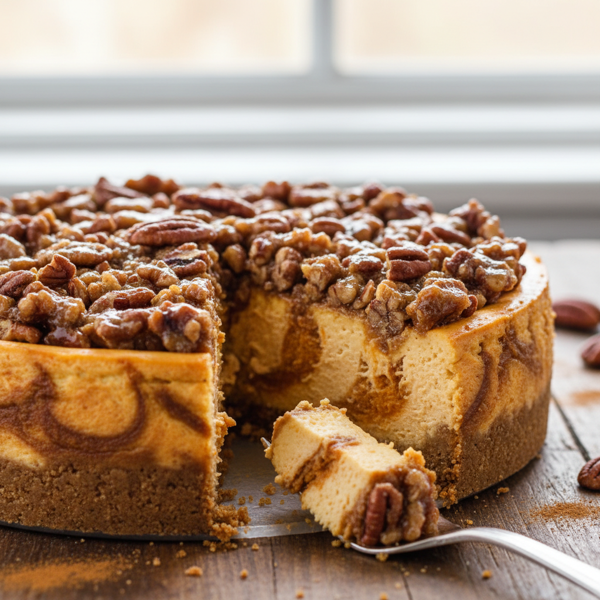 Decadent Sweet Potato Cheesecake with Crunchy Pecan Praline recipe