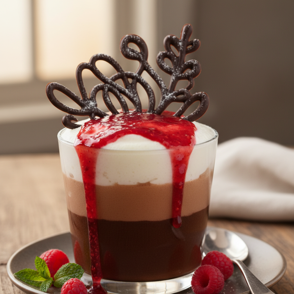 Decadent Tri-Chocolate Mousse with Raspberry Coulis and Elegant Chocolate Filigree recipe