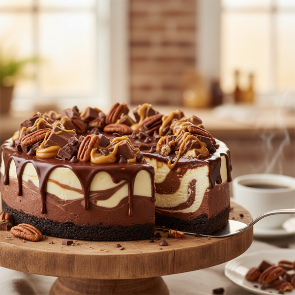 Decadent Triple Chocolate Turtle Cheesecake recipe