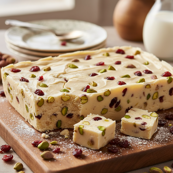 Decadent White Chocolate Fudge with Pistachios and Cranberries recipe