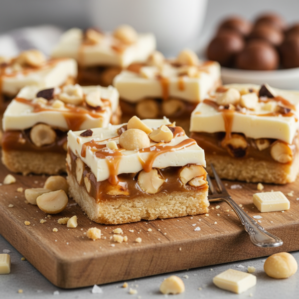 Decadent White Chocolate Macadamia Caramel Bars recipe