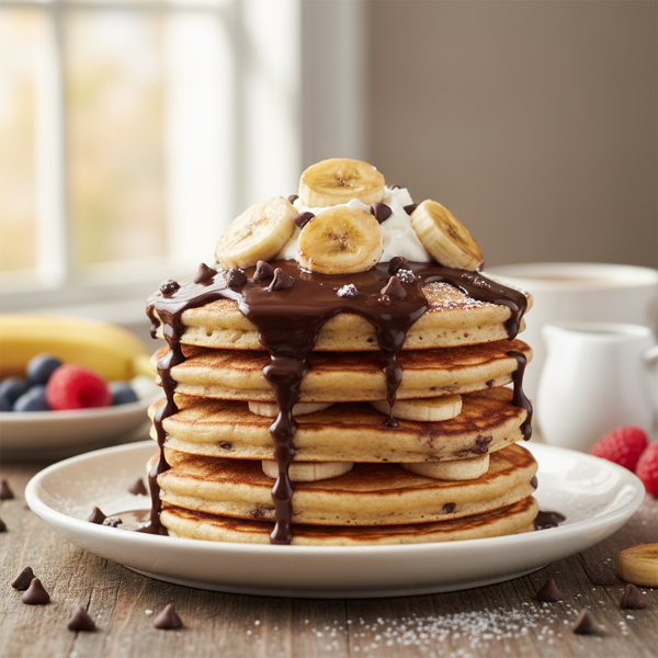 Delectable Banana Choco-Chip Pancakes recipe