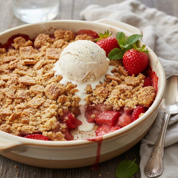 Delectable Strawberry-Rhubarb Crumble with Matzo Topping recipe