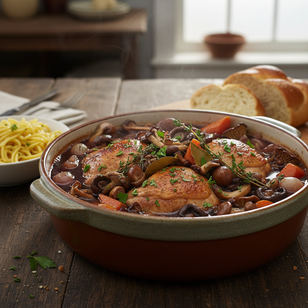 Delicious Kosher Coq Au Vin with Mushroom Medley recipe