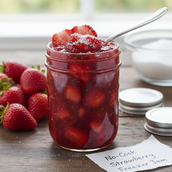 Delicious No-Cook Strawberry Freezer Jam recipe