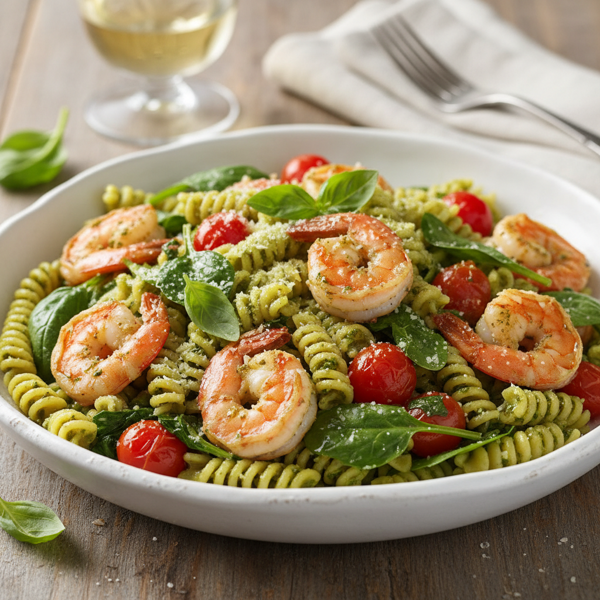 Delicious Pesto Shrimp Pasta with Fresh Spinach and Tomatoes recipe