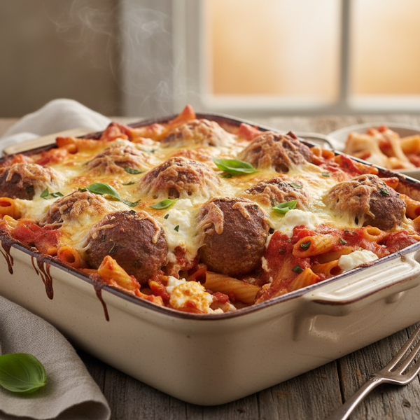 Deliciously Cheesy Italian Meatball Ziti Bake recipe
