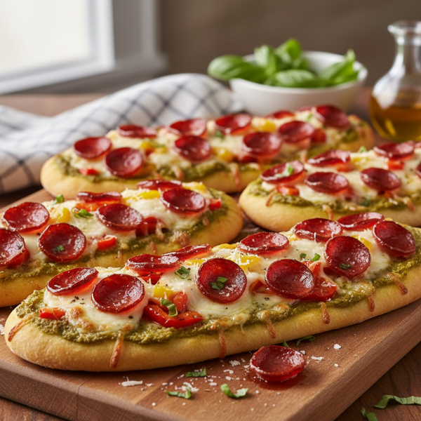 Deliciously Cheesy Pesto Pepperoni Flatbreads recipe