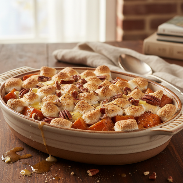 Delightfully Candied Sweet Potatoes with Marshmallows and Pecans recipe
