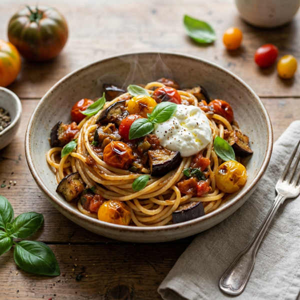 Dreamy Spaghetti with Aubergine and Heirloom Tomato Sauce recipe