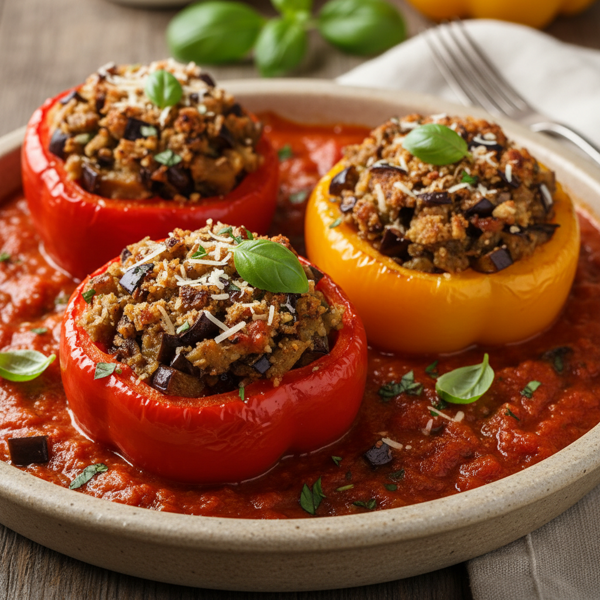 Eggplant-Stuffed Bell Peppers in Tomato Basil Sauce recipe