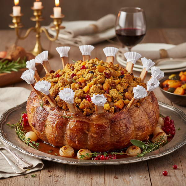 Elegant Crown Roast of Pork with Savory Fruit and Sausage Stuffing recipe