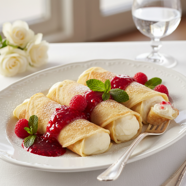 Elegant French Cream-Filled Crepes with Raspberry Reduction recipe