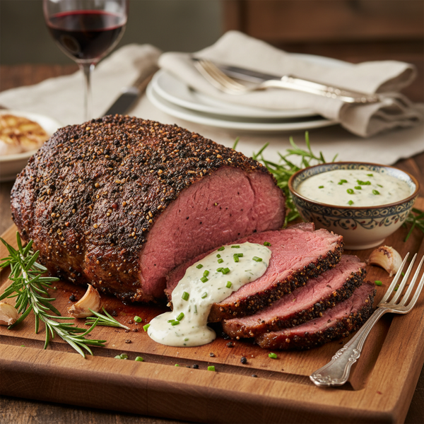 Elegant Pepper-Crusted Prime Rib with Creamy Horseradish Sauce recipe