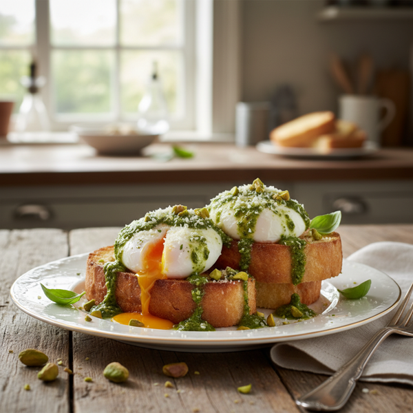 Elegant Poached Eggs with Parmesan and Pistou on Brioche recipe