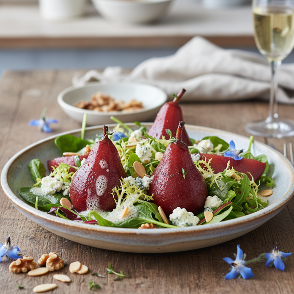 Elegant Poached Pear Salad with Blue Cheese and Champagne Vinaigrette recipe