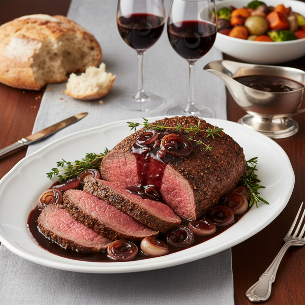 Elegant Roast Beef Tenderloin with Rich Red Wine Shallot Reduction recipe
