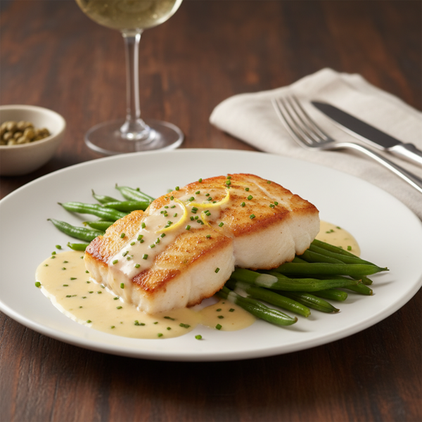Elegant Seared Halibut with Haricots Vert and White Wine Butter Sauce recipe