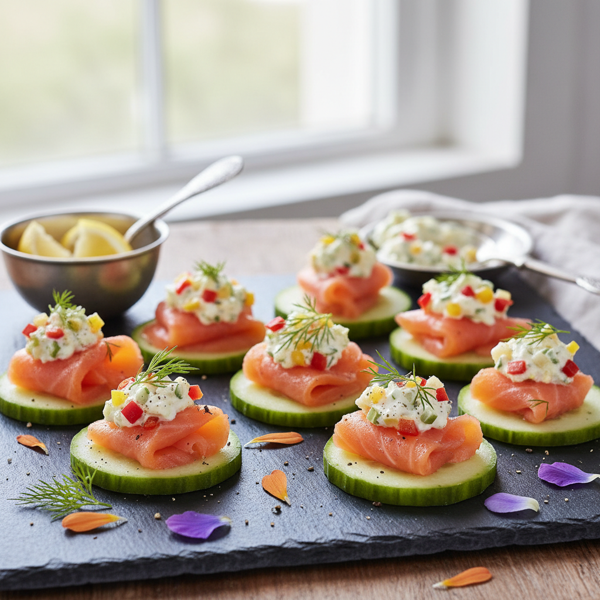 Elegant Smoked Salmon Cucumber Canapés with Zesty Pepper Creme Fraiche recipe