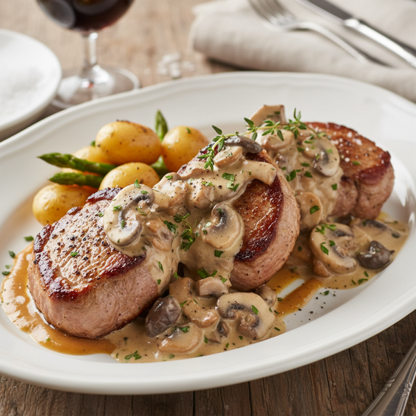 Elegantly Seared Veal with Wild Mushroom Cream Sauce recipe