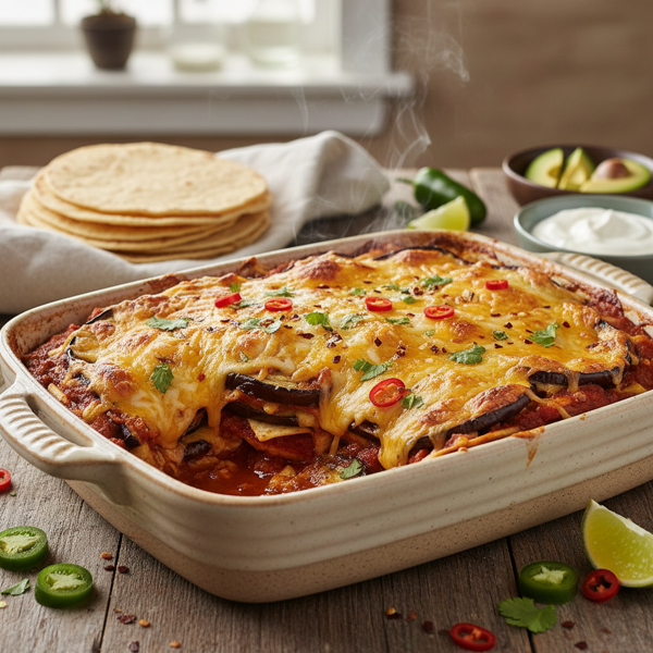Enchilada-Inspired Cheesy Aubergine Bake recipe