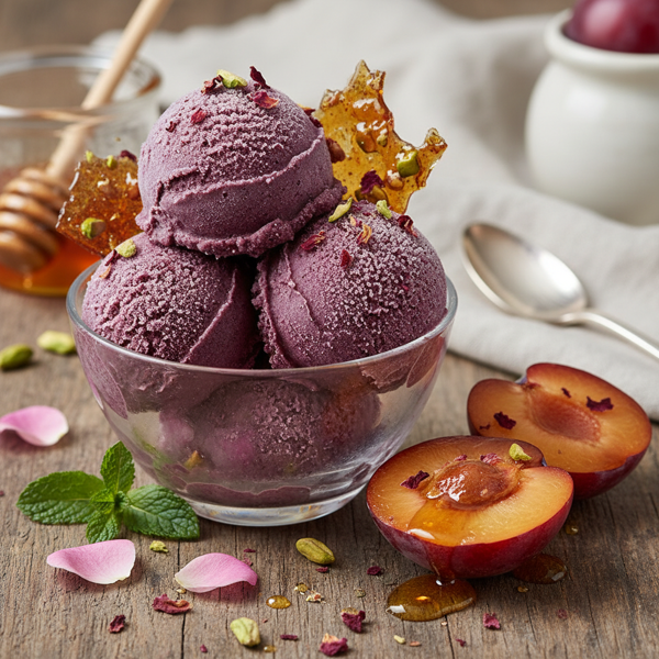 Exquisite Plum Sorbet with Pistachio Rose Petal Brittle and Honey-Infused Plums recipe