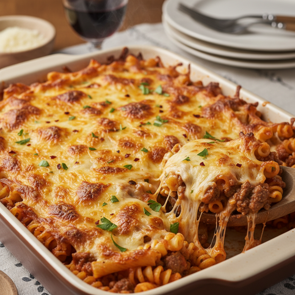 Family-Style Cheesy Beef Pasta Bake recipe