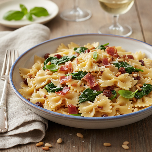 Farfalle with Prosciutto, Spinach, Pine Nuts, and Sweet Raisins recipe