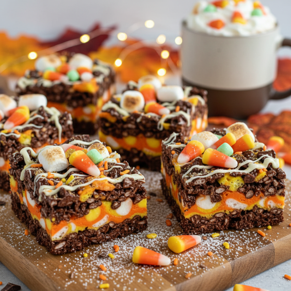 Festive Candy Corn & Cocoa Krispies Treats recipe