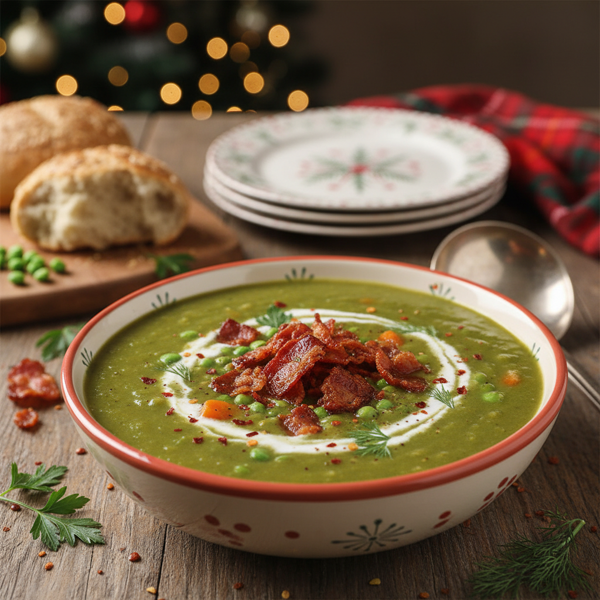 Festive Low-Fat Slow Cooker Green Split Pea Soup with Savory Bacon Crumbles recipe
