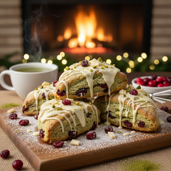 Festive Matcha Cranberry Scones with White Chocolate Drizzle recipe
