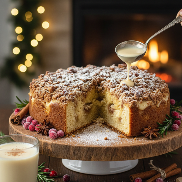 Festive Overnight Eggnog Streusel Coffee Cake recipe