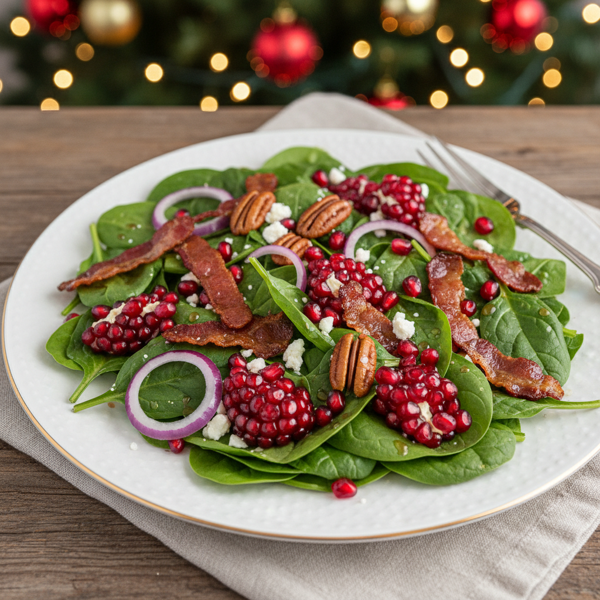 Festive Pomegranate Spinach Salad with Bacon recipe