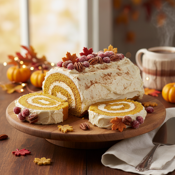 Festive Pumpkin Roll Cake with Cream Cheese Frosting recipe