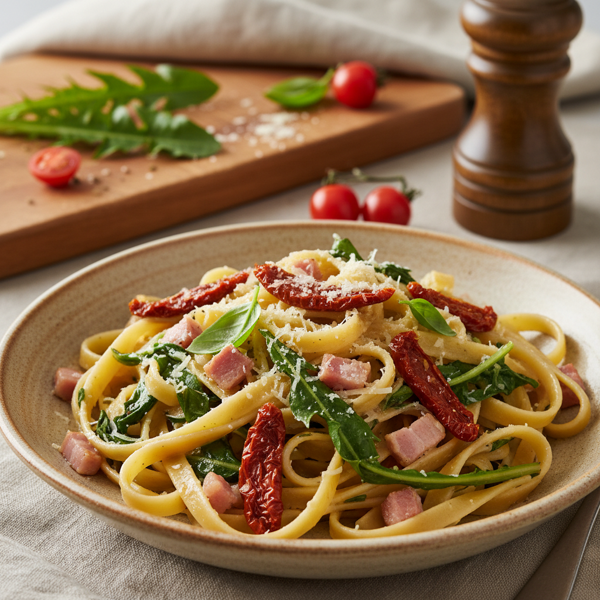 Fettuccine Harmony with Dandelion Greens, Sun-Dried Tomatoes & Pancetta recipe