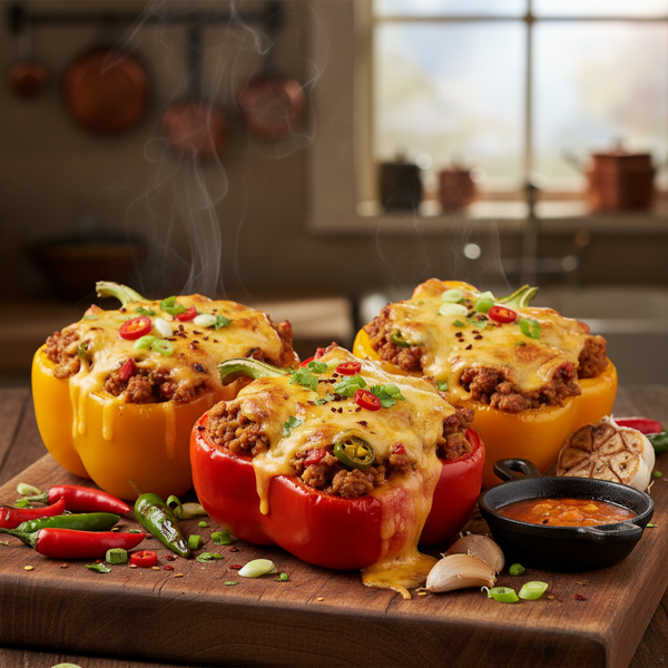Fiery Cheesy Turkey-Stuffed Bell Peppers recipe