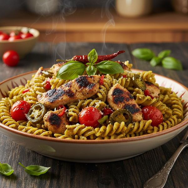 Fiery Chicken Pesto Pasta Delight recipe