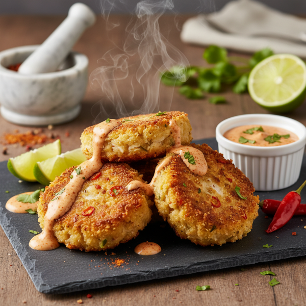 Fiery Flaky Fish Cakes with Creamy Chipotle Drizzle recipe