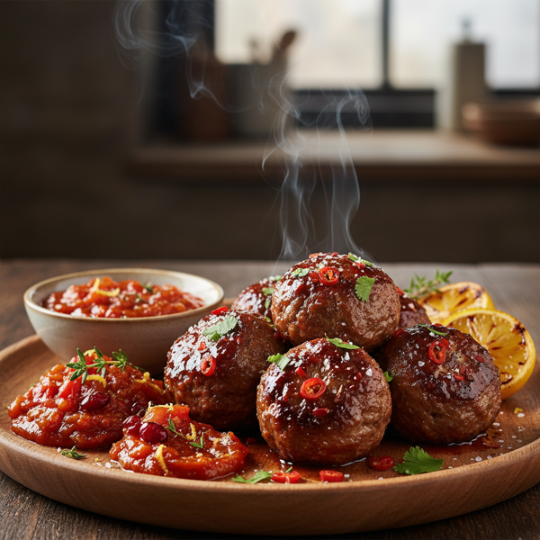 Fiery Lamb Meatballs with Zesty Savory Jam recipe