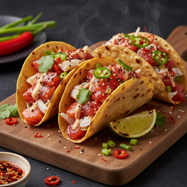 Fiery Salmon & Crab Poke Tacos recipe