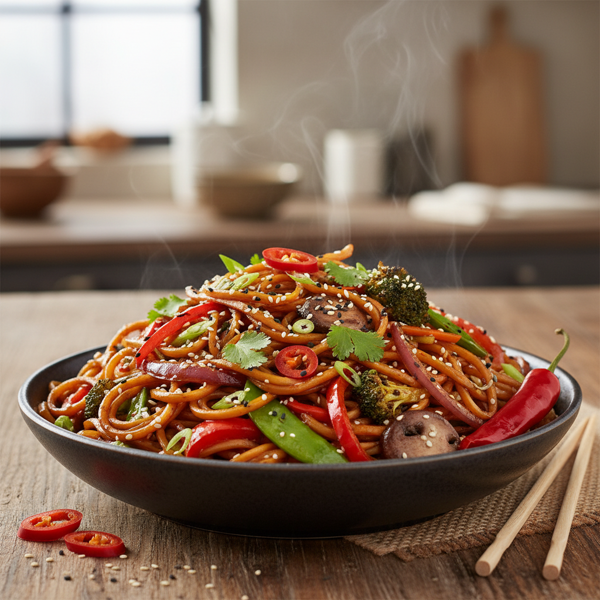Fiery Veggie Lo Mein Delight recipe