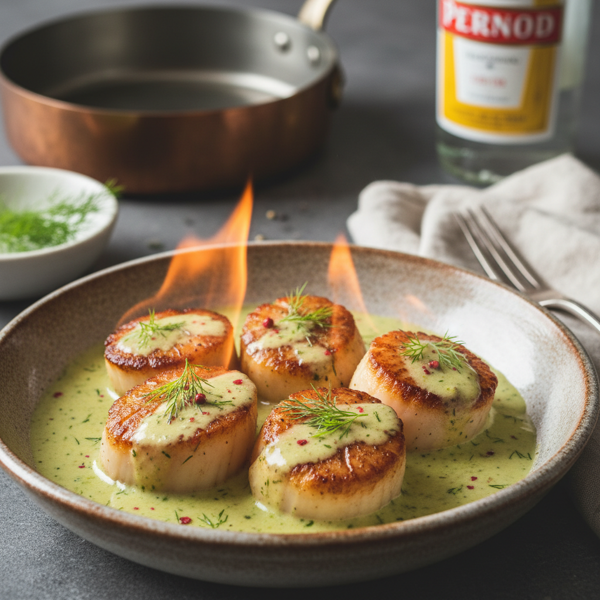 Flambéed Scallops in Creamy Pernod Sauce recipe