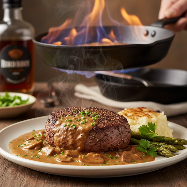 Flambéed Steak Au Poivre with Porcini Bourbon Cream Sauce recipe