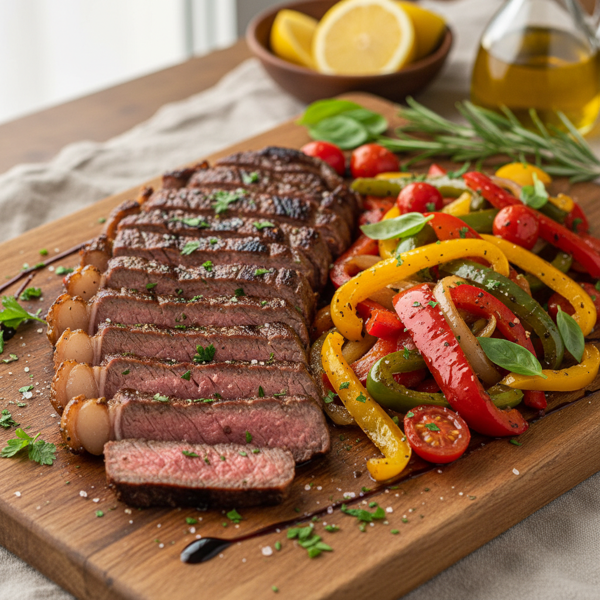 Flavorful Italian Marinated Flank Steak with Sautéed Peppers and Onions recipe