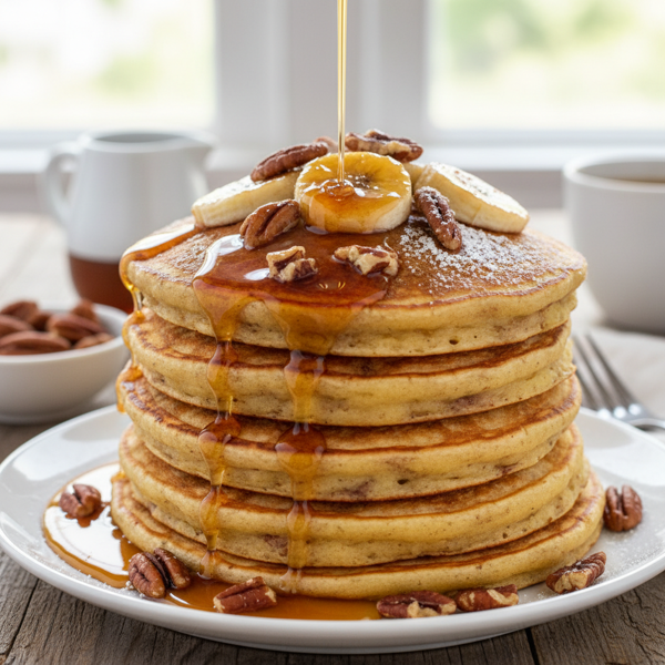 Fluffy Banana Bread Pancakes with Maple Pecan Topping recipe