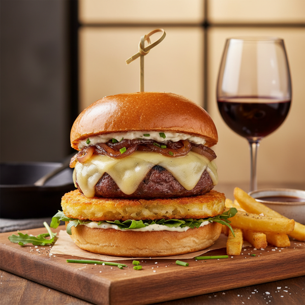 French Fusion Burgers with Gruyere and Hash Browns recipe