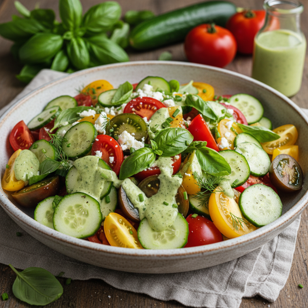 Garden Fresh Heirloom Tomato and Cucumber Salad with Creamy Basil Dressing recipe