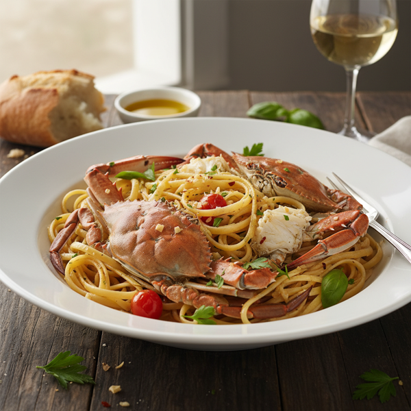 Garlic-Infused Blue Crabs with Linguine recipe