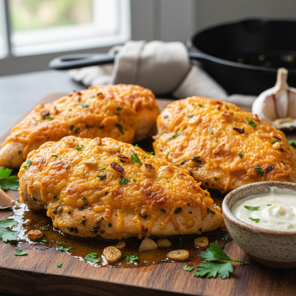 Garlic-Infused Cheddar Crusted Chicken Breasts recipe