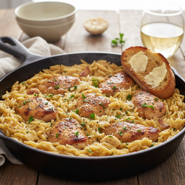 Garlic-Infused Chicken Orzo Skillet recipe